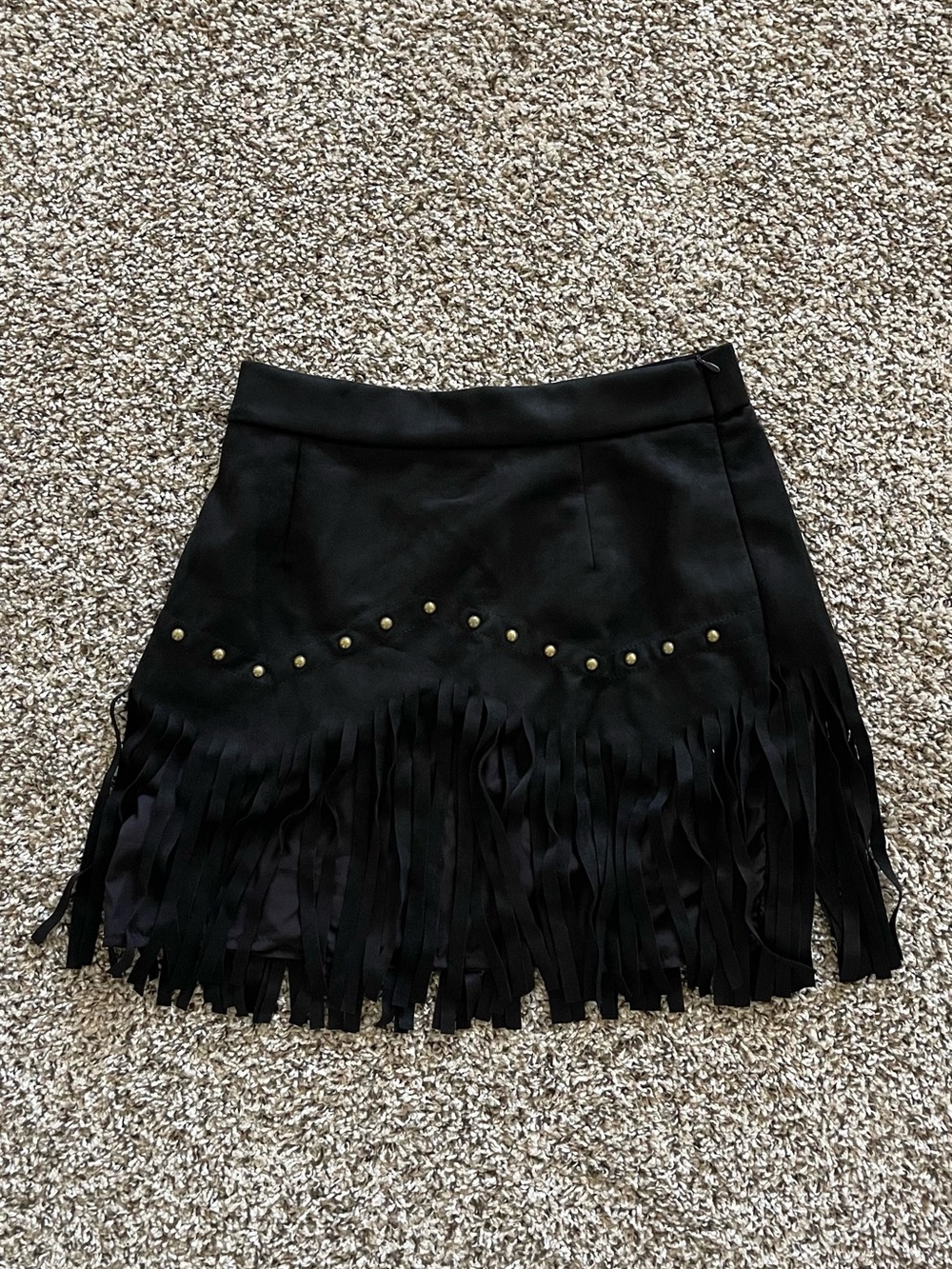 Black Fringe Mini Skirt with Gold Stud Accents